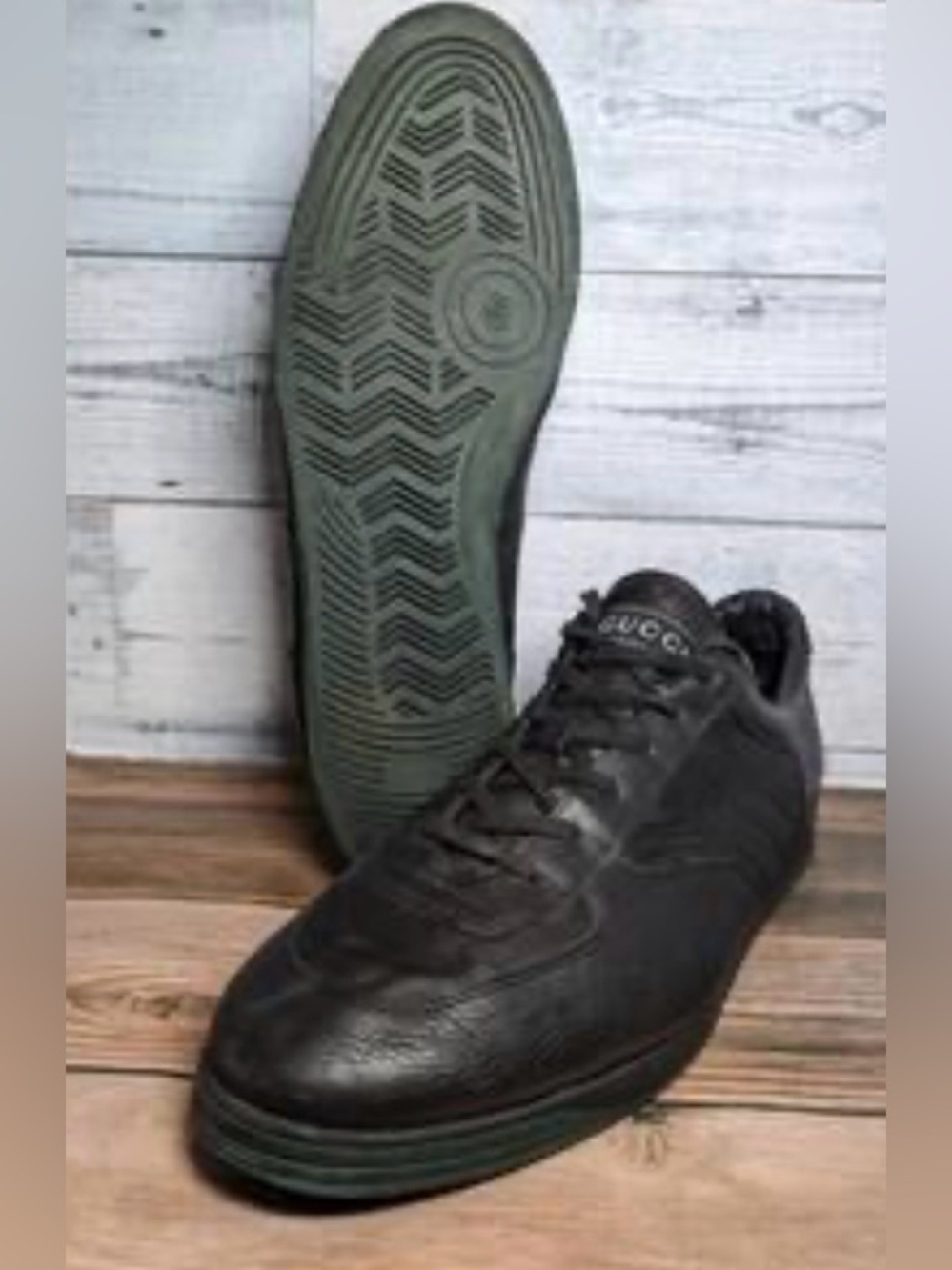 Gucci Black Leather Lace-Up Sneakers with Green Sole Accent